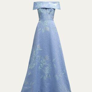 NWT - Off-Shoulder Metallic Flower Jacquard Gown by Rickie Freeman for Teri Jon
